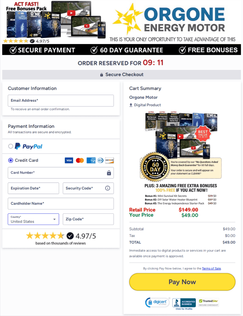 Orgone Energy Motor Checkout page